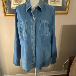 Gloria Vanderbilt Denim Shirt Womens Large Button Front Medium Blue 100% Cotton